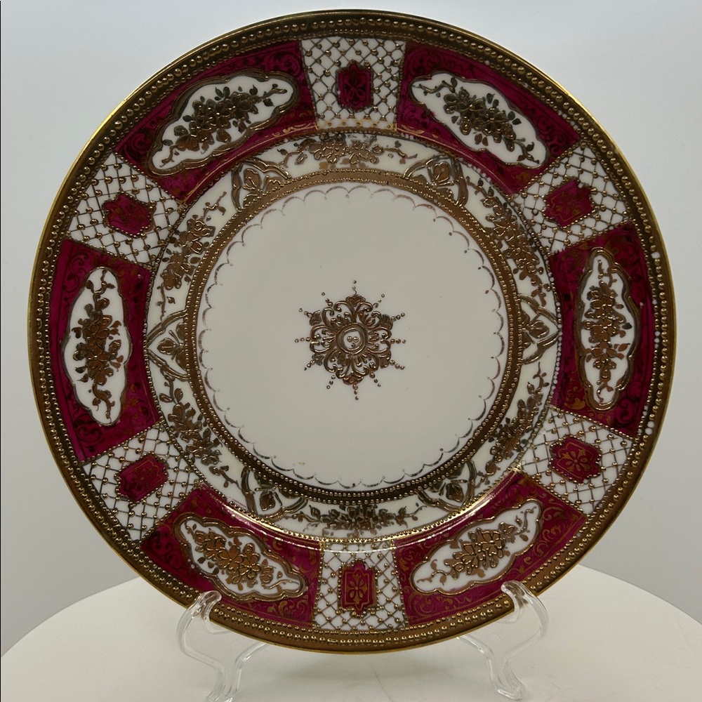 Granny Chic Nippon Hand Painted Cabinet Plate Magenta Gold Moriage Beaded 8.5"